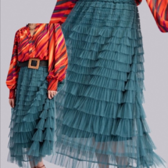 New in Fabulous Mesh Ruffle Faded Teal Maxi Skirt - Picture 1 of 7